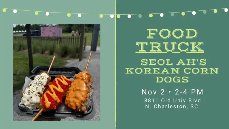 Seol Ah’s Korean Corn Dogs food truck at The Broken Leash patio in North Charleston on Sunday, Nov 2, 2–4 PM.