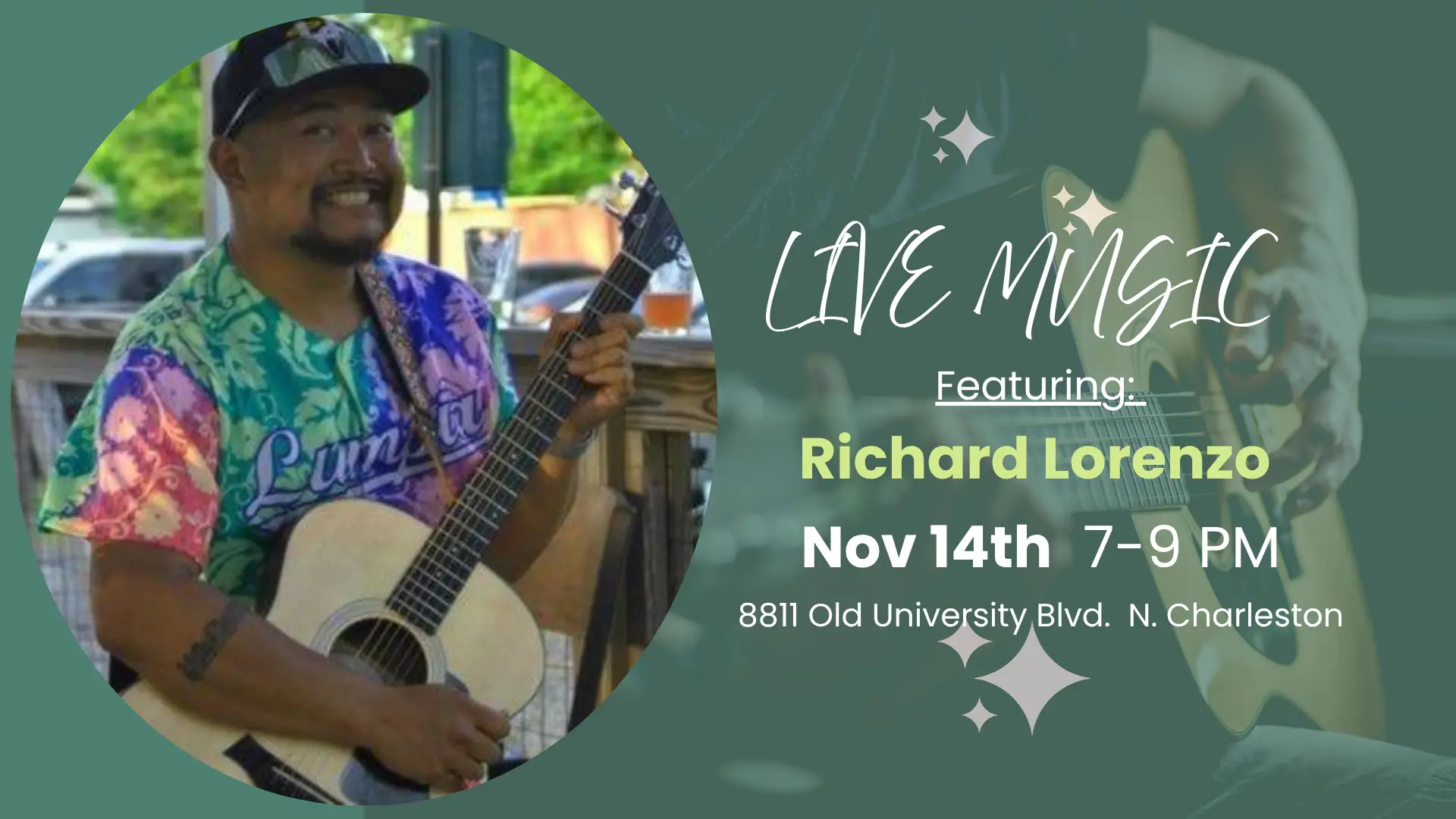 Richard Lorenzo performing live on the patio at The Broken Leash in North Charleston, Friday Nov 14, 7–9 PM.