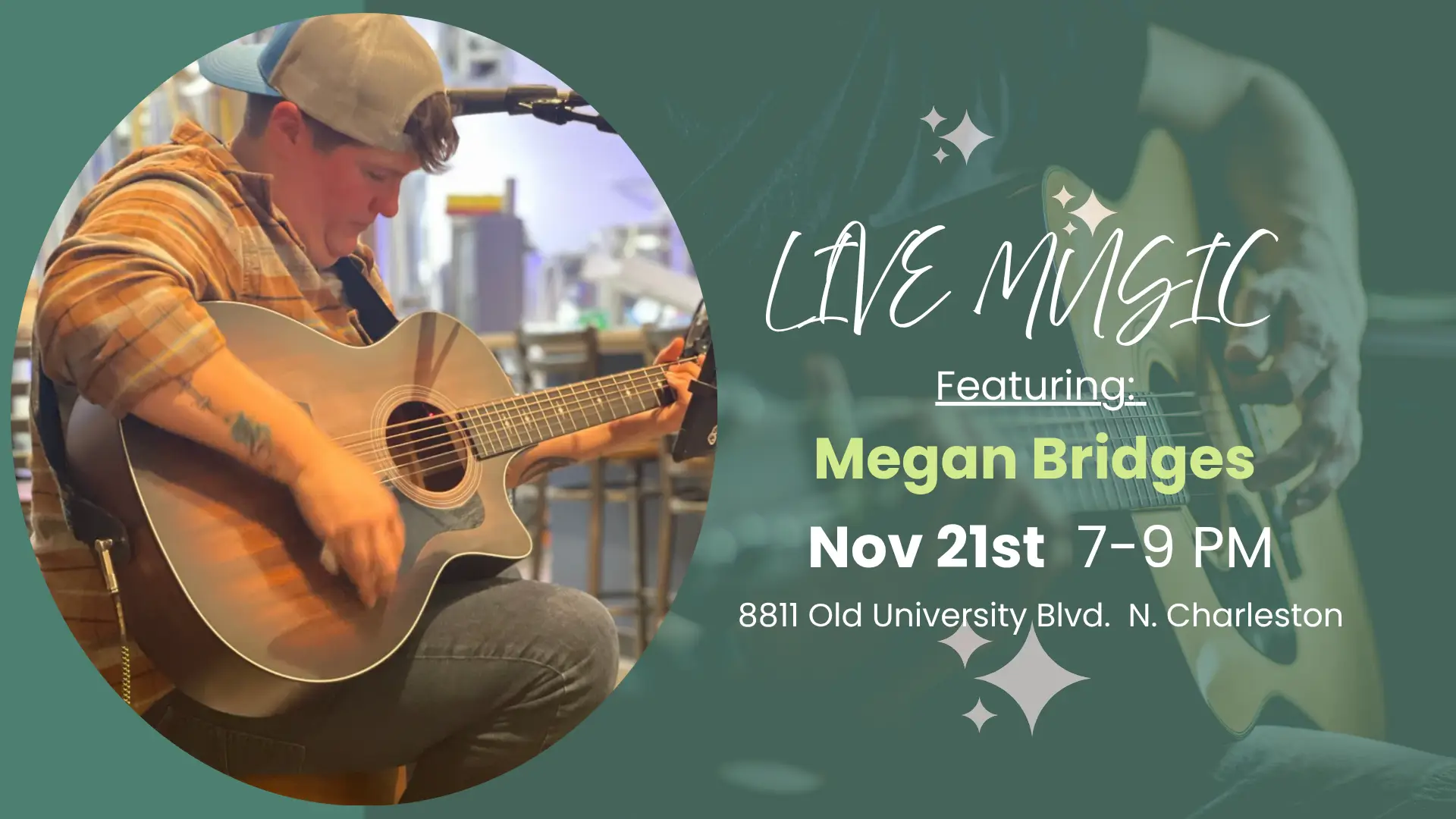 Megan Bridges performing live on the patio at The Broken Leash in North Charleston, Friday Nov 21, 7–9 PM