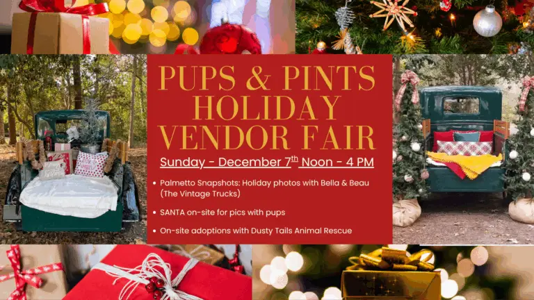 Holiday Vendor Fair at The Broken Leash with Santa photos, Palmetto Snapshots’ vintage truck, and adoptable pups in North Charleston.