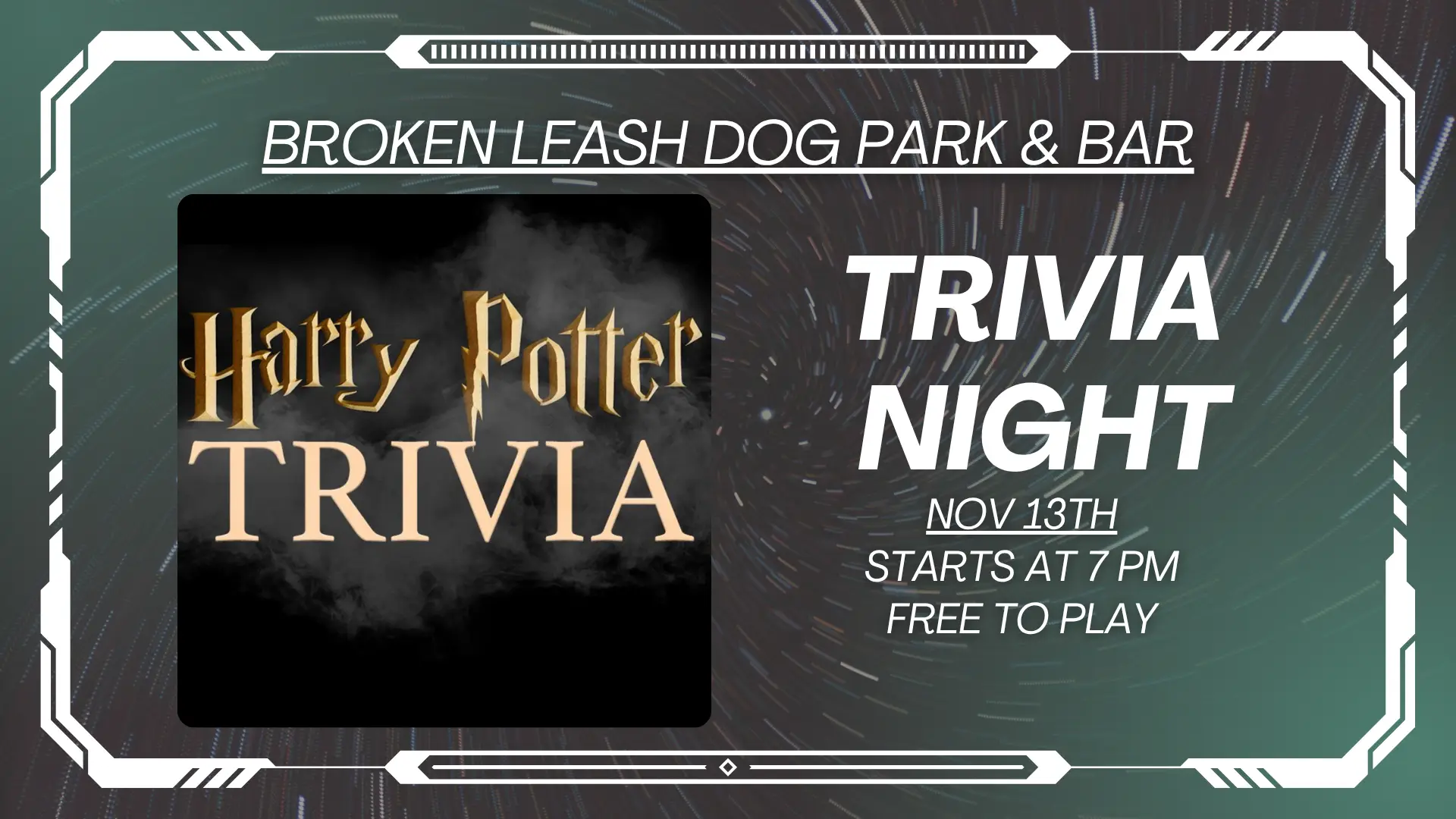 Harry Potter–themed trivia night at The Broken Leash in North Charleston, Thursday Nov 13, 7–9 PM