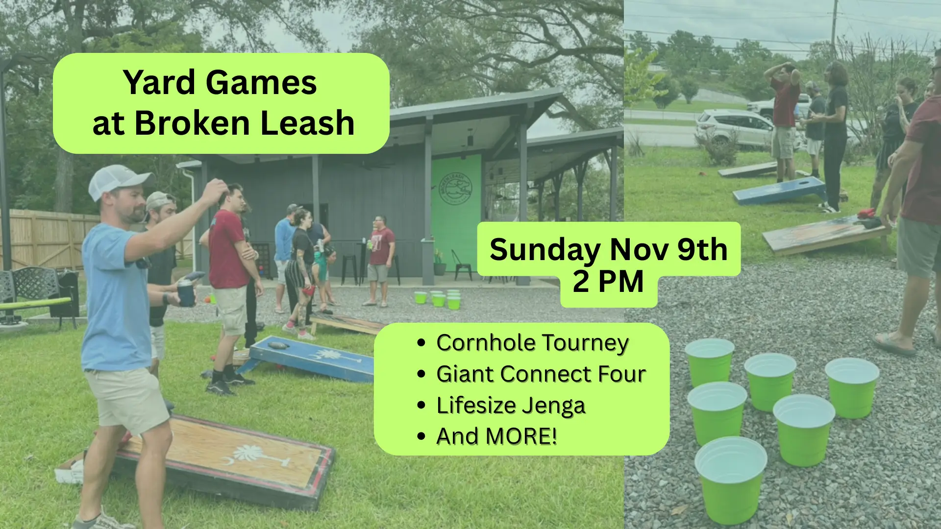 Yard Games Day at The Broken Leash with cornhole, life-size Jenga, and pong on the patio in North Charleston.