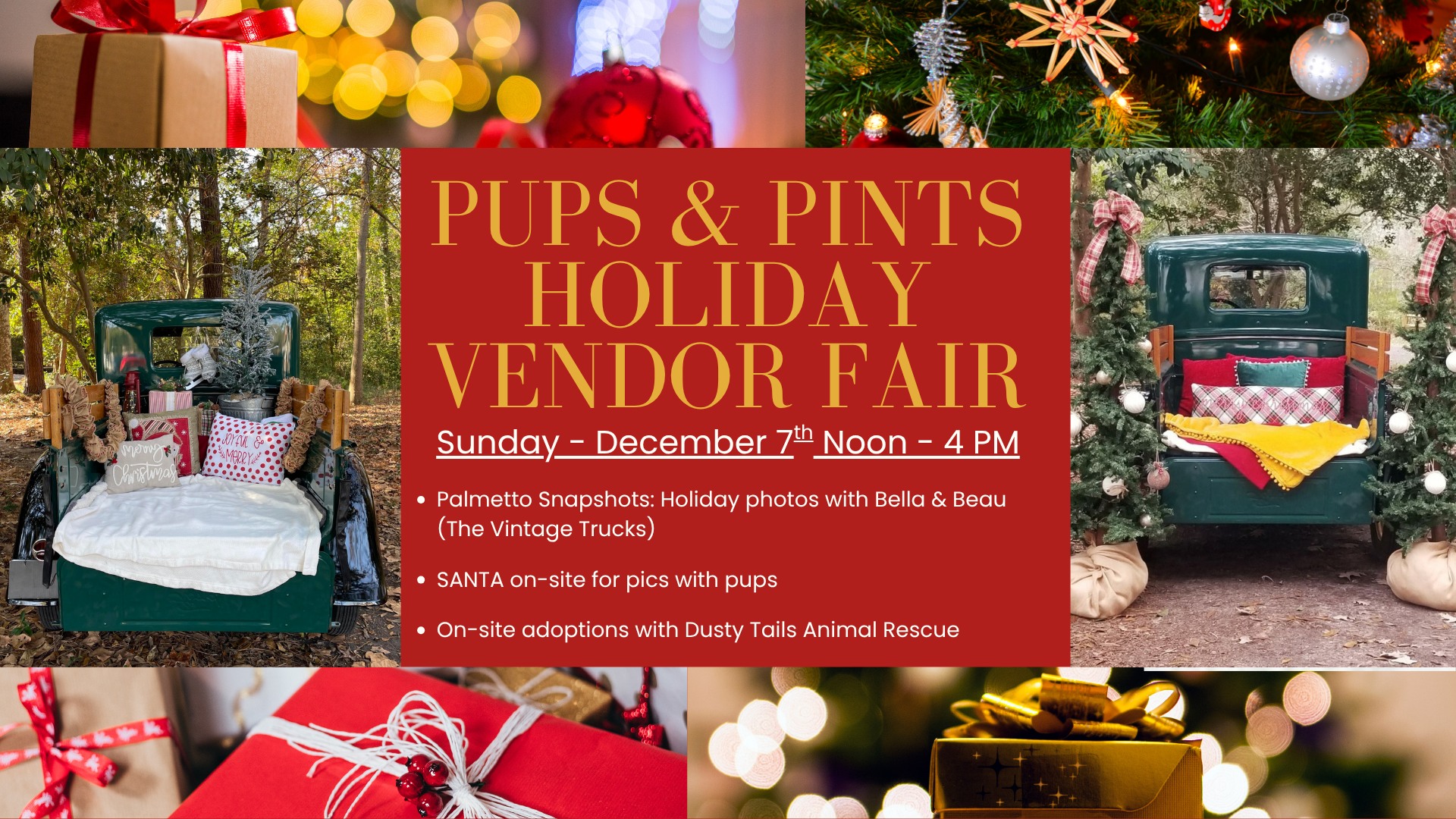 Holiday vendor fair at The Broken Leash with Santa Paws photo area and food trucks.