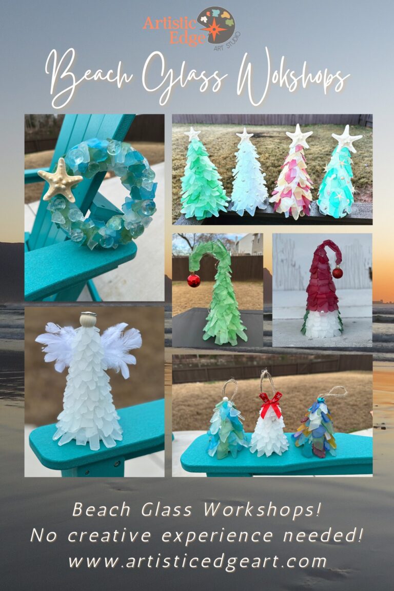 Beach glass art workshop setup with materials arranged for guests at The Broken Leash.