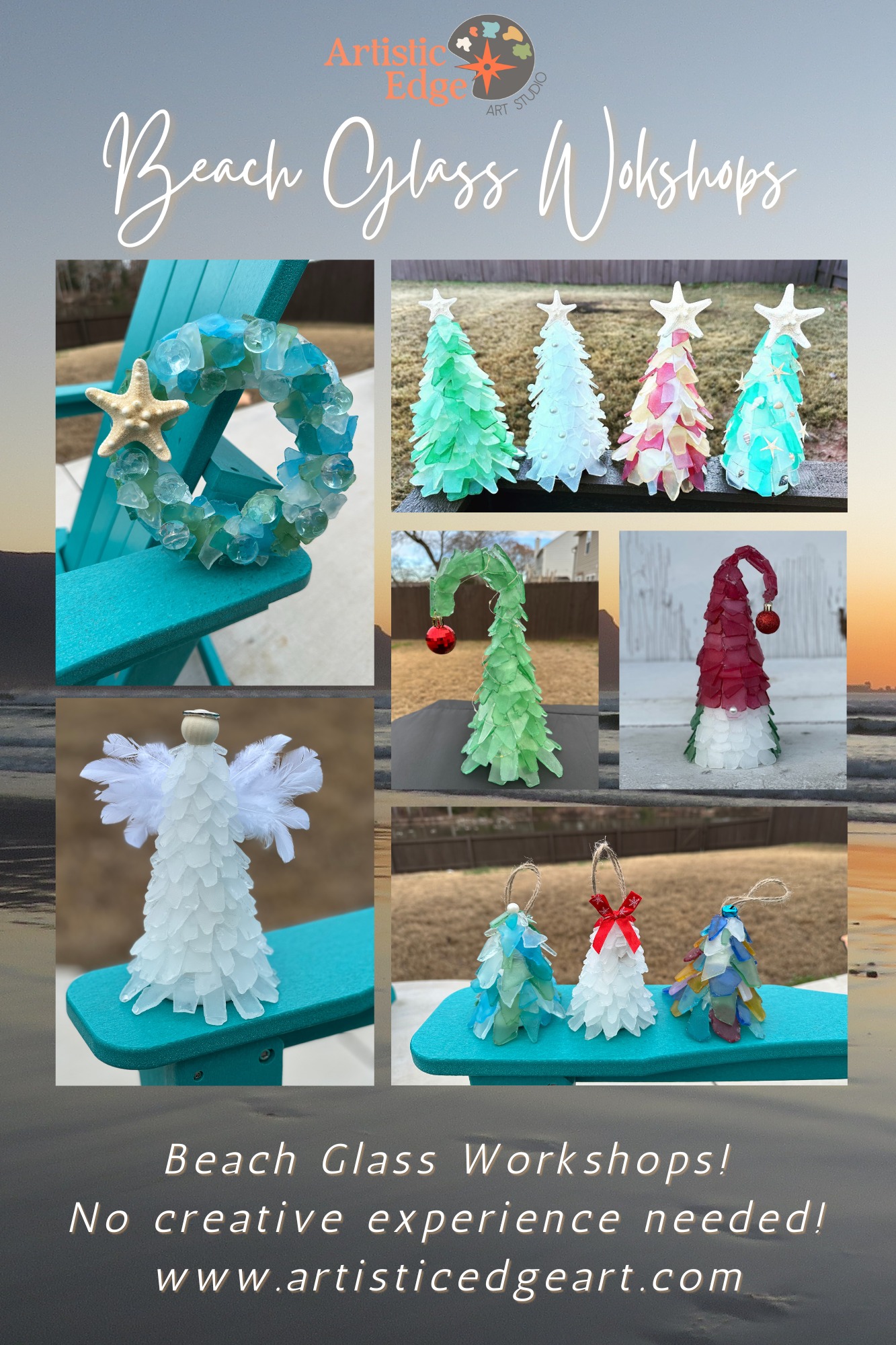 Beach glass art workshop setup with materials arranged for guests at The Broken Leash.