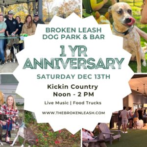 Guests celebrating at The Broken Leash with live music, giveaways, and food trucks during the anniversary party.