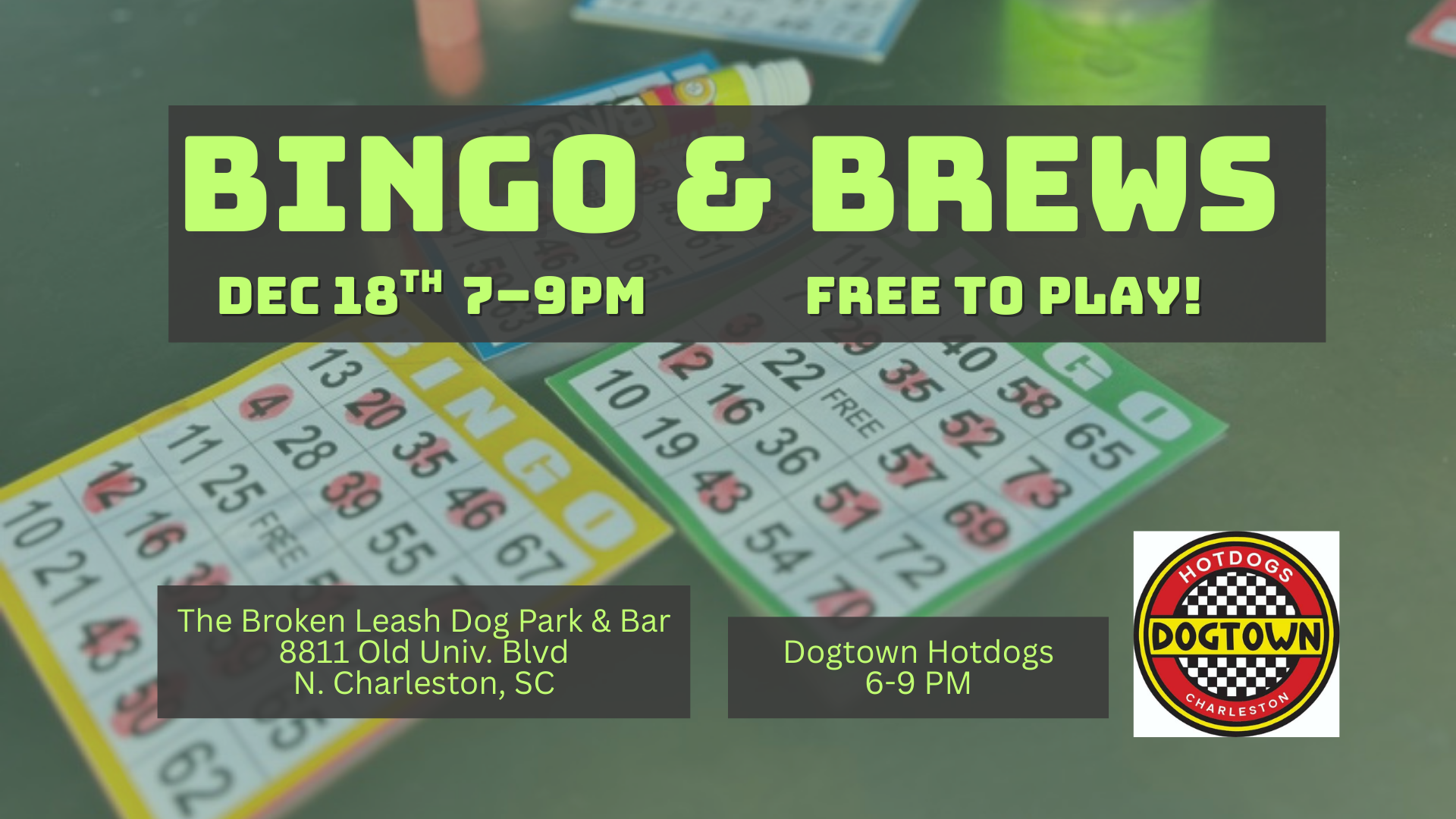 Guests playing bingo at The Broken Leash with Dogtown Hotdogs on-site.