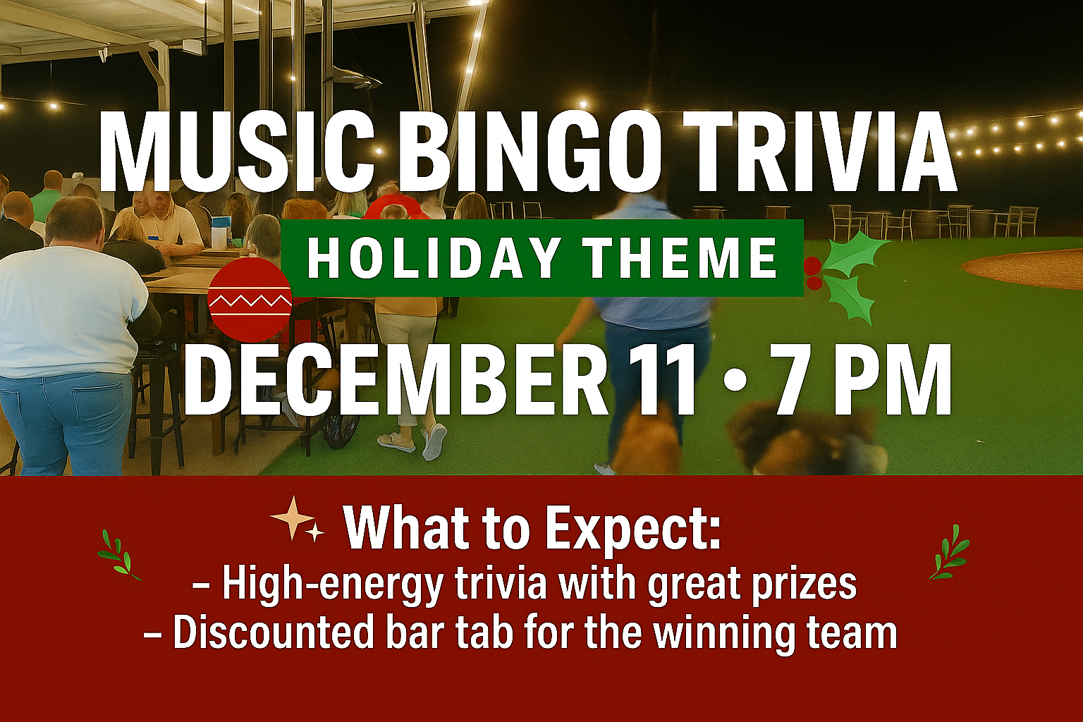 Holiday-themed music bingo and trivia night at The Broken Leash with Panda as MC.