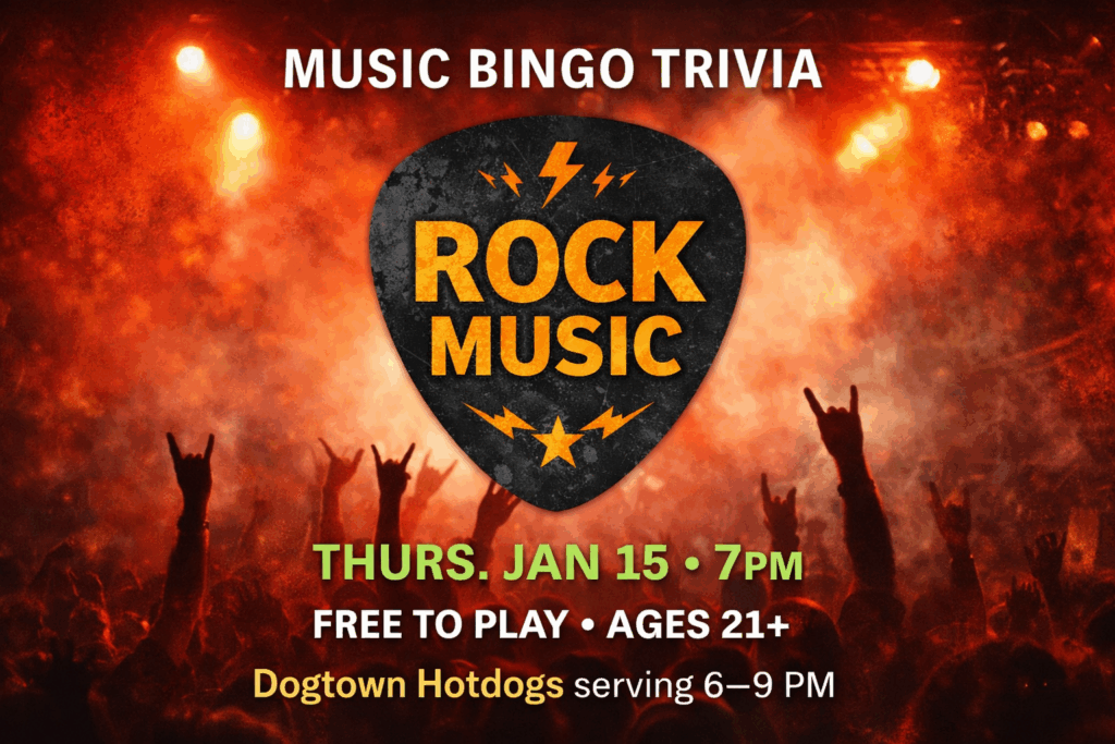 Rock-themed music bingo trivia night at The Broken Leash with Panda as MC.