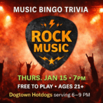 Rock-themed music bingo trivia night at The Broken Leash with Panda as MC.