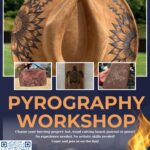 Guests participating in a pyrography class burning designs on hats and wood projects.