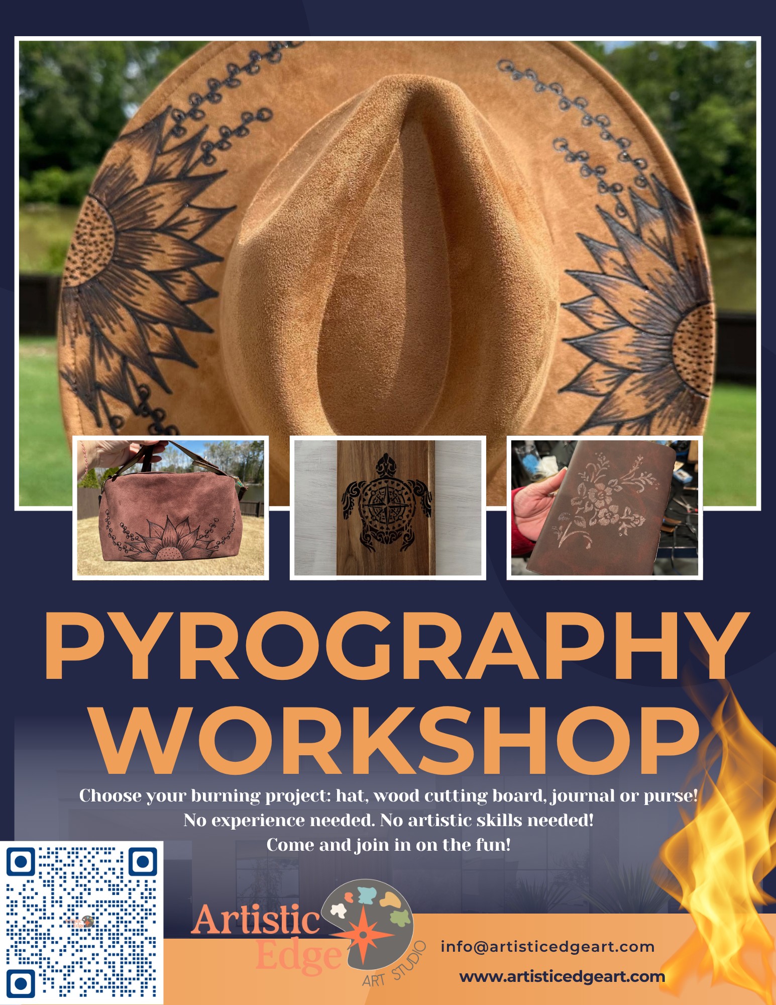 Guests participating in a pyrography class burning designs on hats and wood projects.