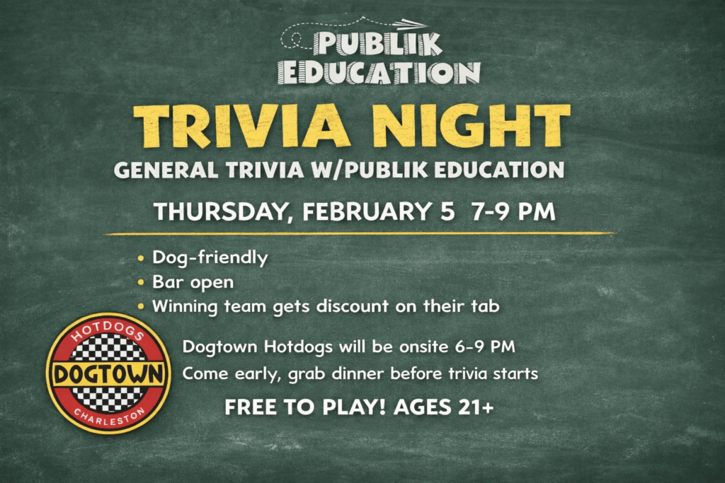 Publik Education hosting trivia night at The Broken Leash with Dogtown Hotdogs serving dinner.