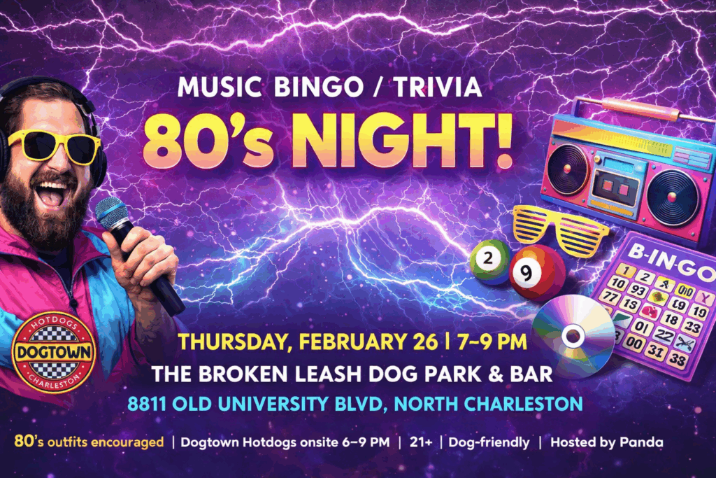 80’s themed music bingo trivia night at The Broken Leash with retro outfits encouraged.