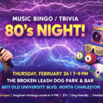 80’s themed music bingo trivia night at The Broken Leash with retro outfits encouraged.