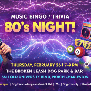 80’s themed music bingo trivia night at The Broken Leash with retro outfits encouraged.