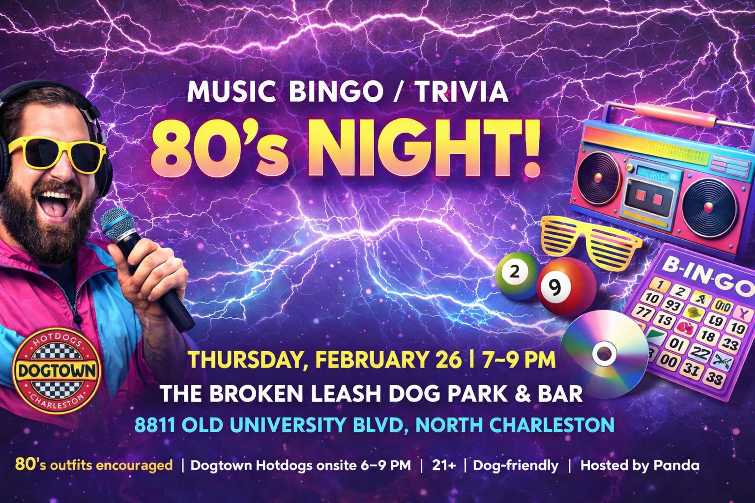 80’s themed music bingo trivia night at The Broken Leash with retro outfits encouraged.