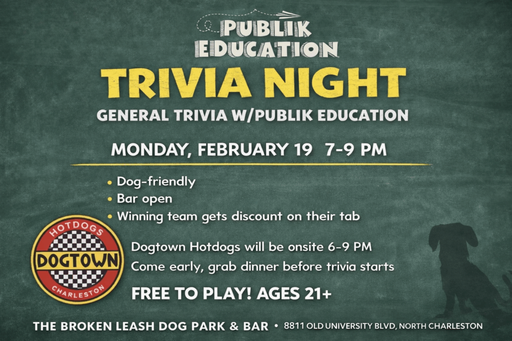 Guests playing trivia at The Broken Leash with Publik Education and Dogtown Hotdogs onsite.