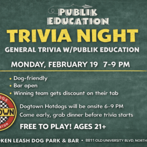 Guests playing trivia at The Broken Leash with Publik Education and Dogtown Hotdogs onsite.