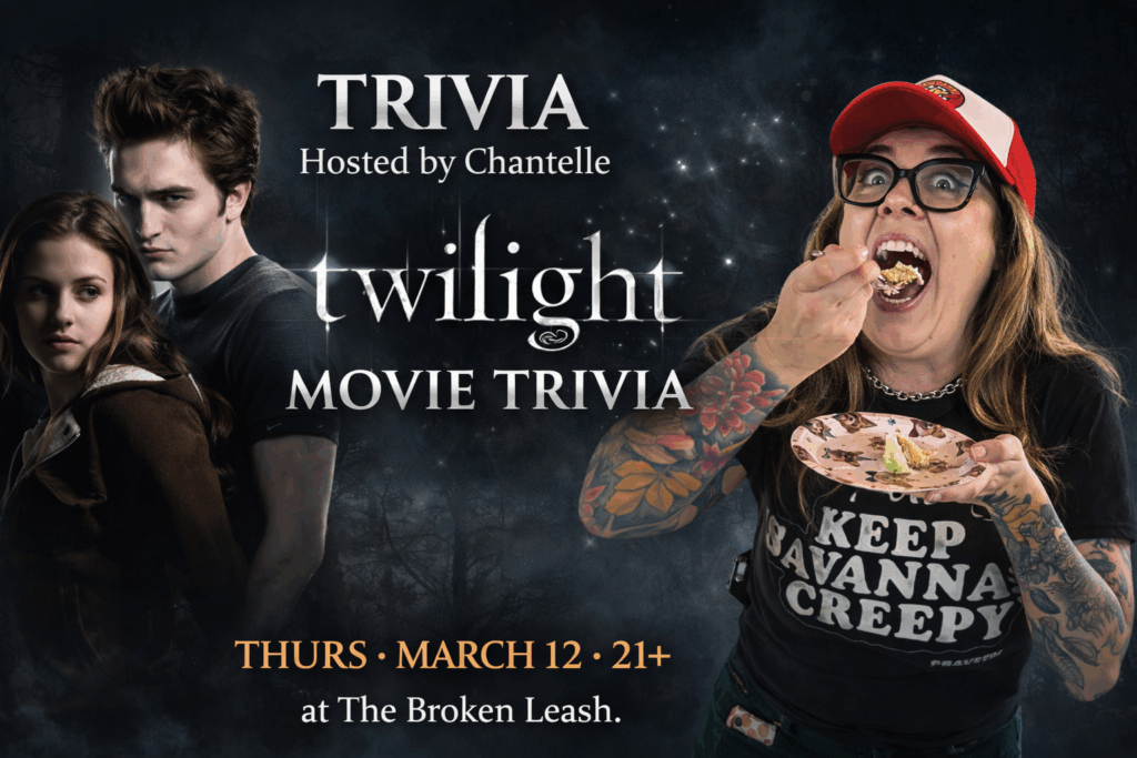 Twilight movie trivia night event graphic at The Broken Leash.