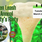 St. Patrick’s Day party at The Broken Leash with green beer and dogs in festive outfits.