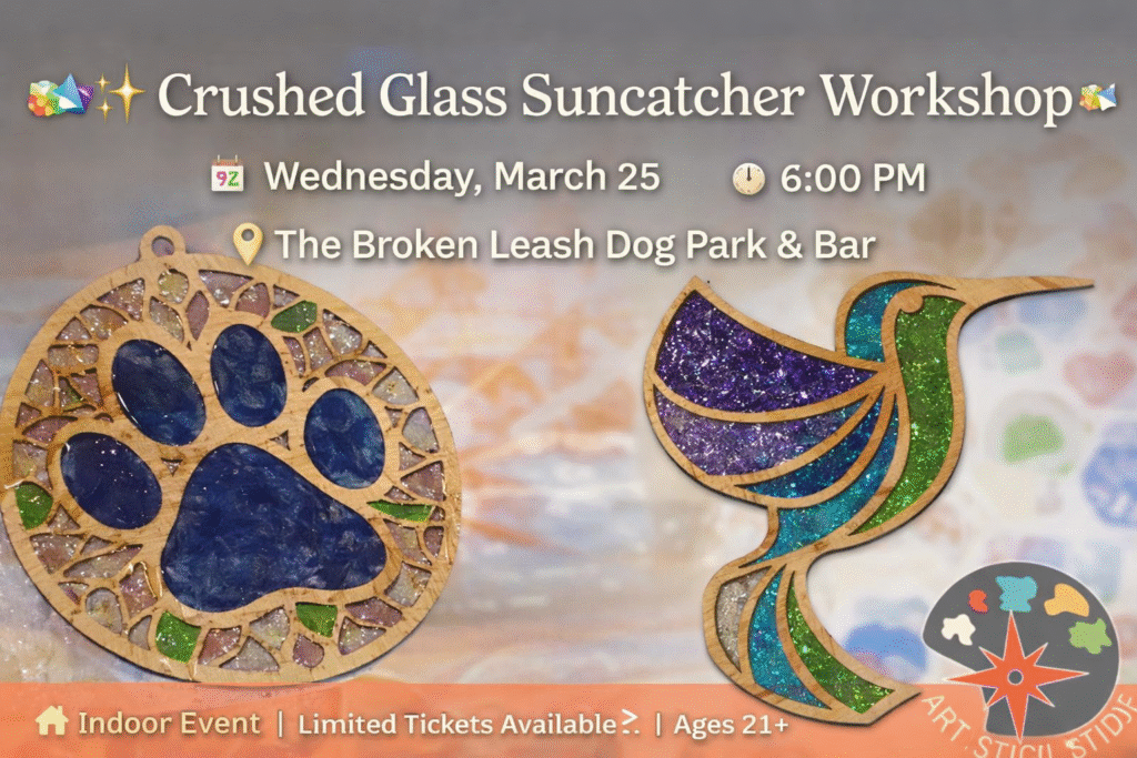 Guests creating crushed glass resin suncatchers during an indoor workshop at The Broken Leash.