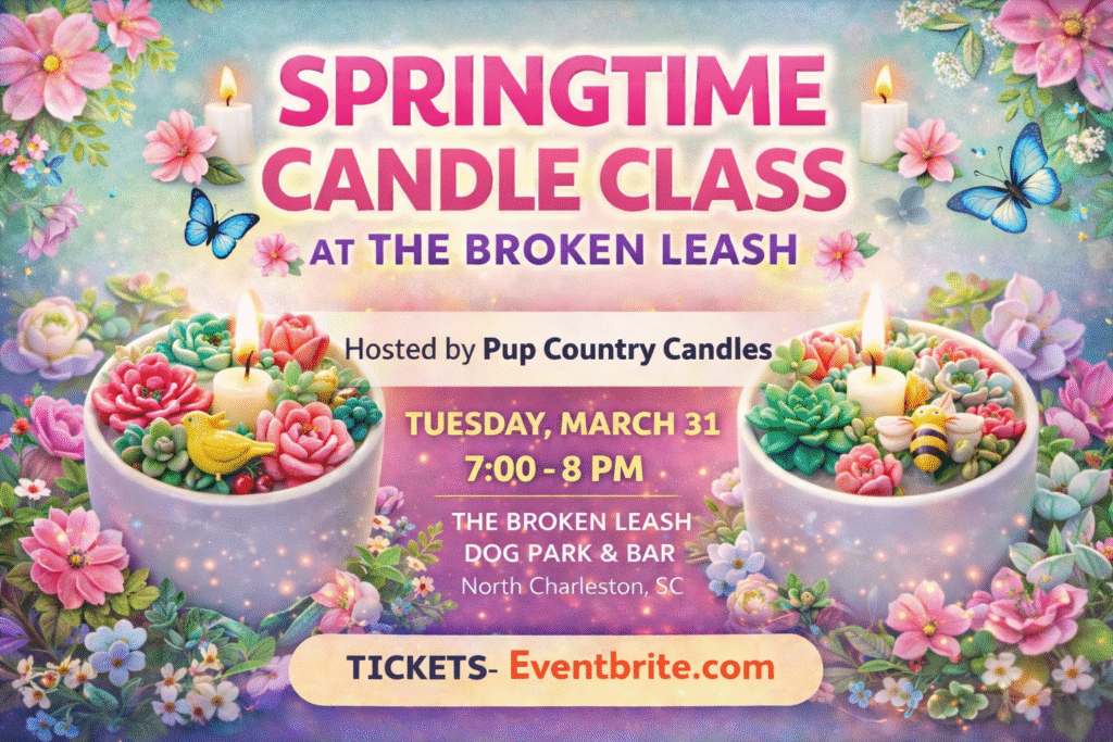 Guests creating spring-themed candles during a candle making class at The Broken Leash.