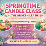 Guests creating spring-themed candles during a candle making class at The Broken Leash.