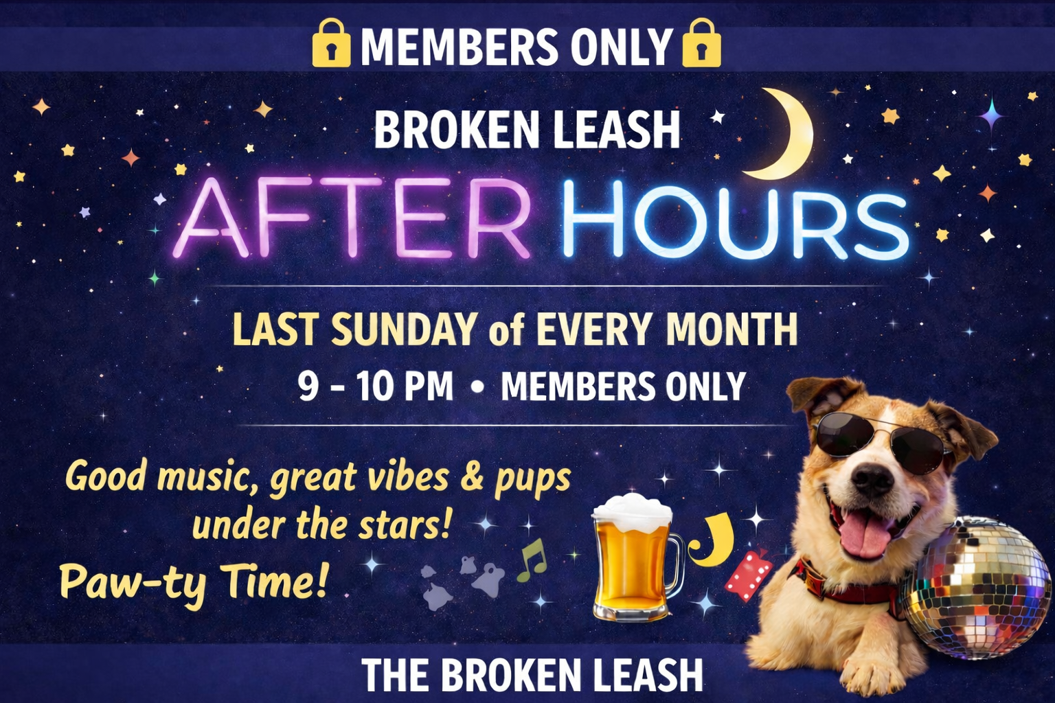 Dogs play at night during Broken Leash After Hours members-only event.