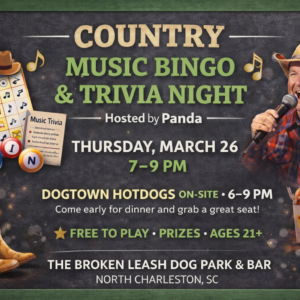 Guests playing country music bingo and trivia at The Broken Leash dog-friendly bar.