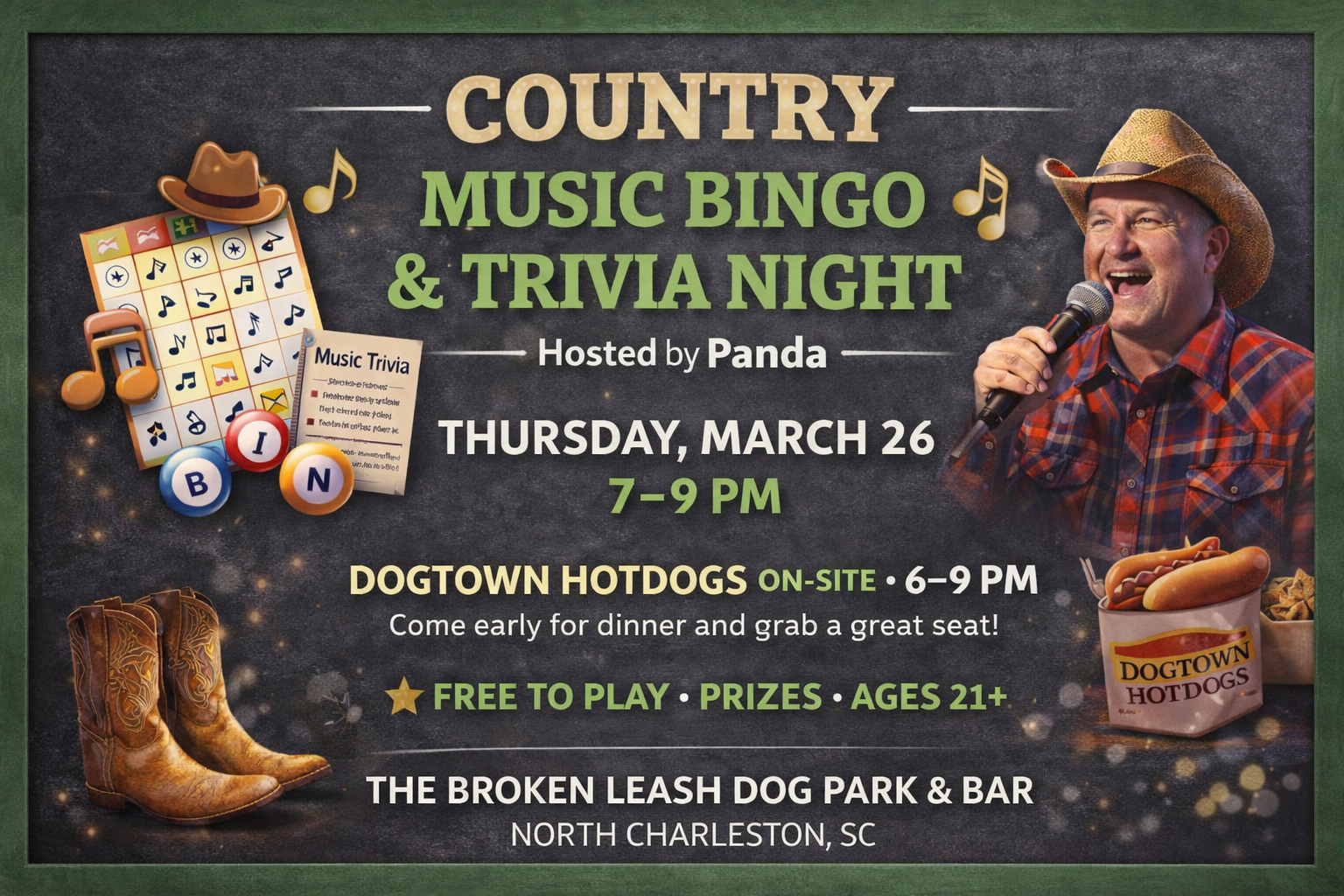 Guests playing country music bingo and trivia at The Broken Leash dog-friendly bar.
