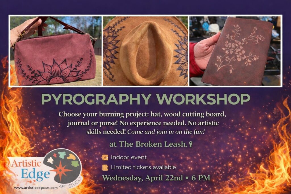 Guests learning pyrography wood burning during a workshop at The Broken Leash.