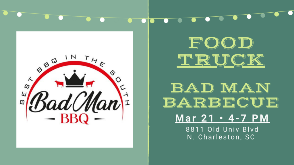 Bad Man BBQ food truck serving barbecue at The Broken Leash dog-friendly bar.