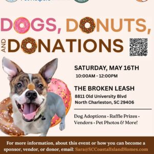 Adoptable dogs and community members at Dogs Donuts and Donations event at The Broken Leash.