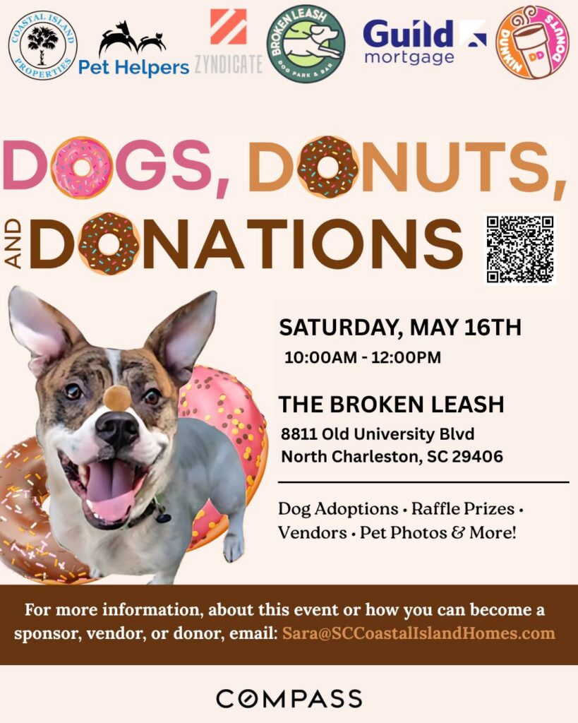 Adoptable dogs and community members at Dogs Donuts and Donations event at The Broken Leash.