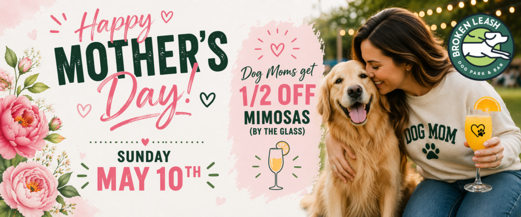 Dog mom enjoying mimosas with her dog at The Broken Leash on Mother’s Day.