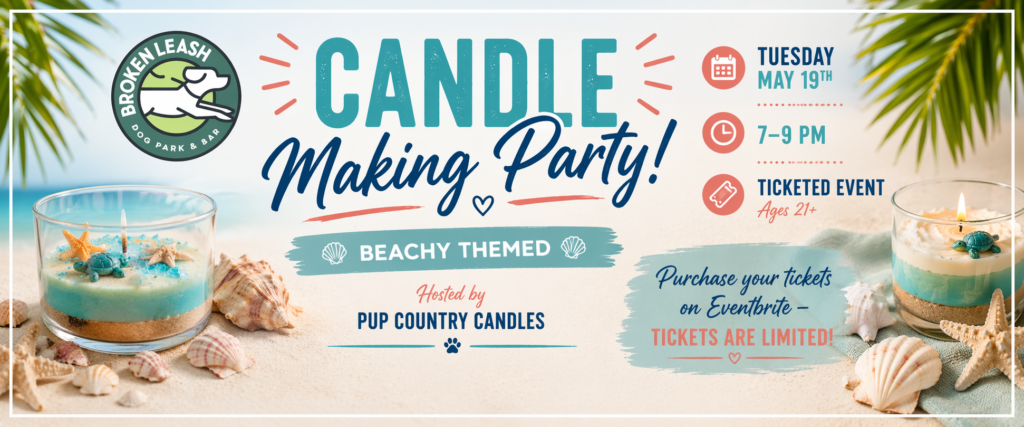 Guests creating beach-themed candles with shells and coastal decorations at The Broken Leash.