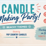 Guests creating beach-themed candles with shells and coastal decorations at The Broken Leash.