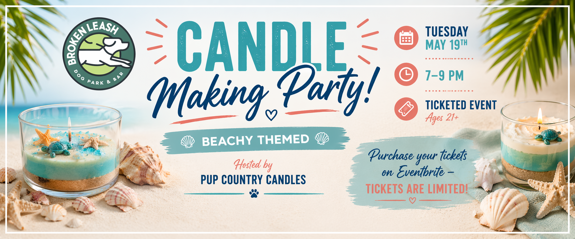 Guests creating beach-themed candles with shells and coastal decorations at The Broken Leash.