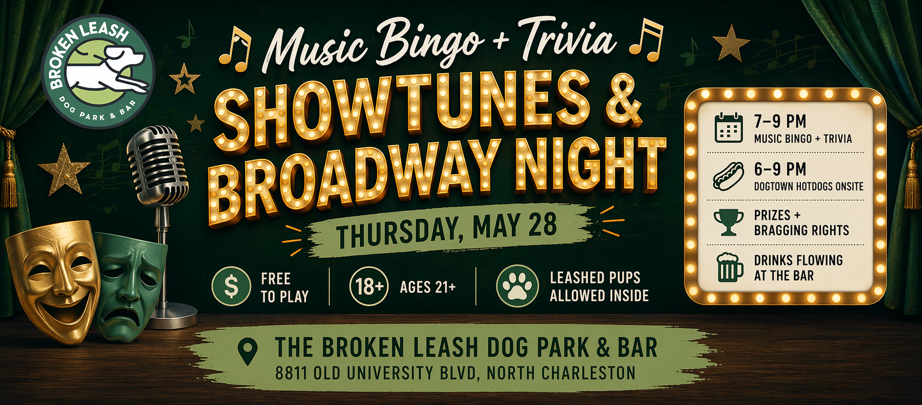 Guests enjoying Broadway-themed music bingo and trivia hosted by DJ Panda at The Broken Leash.