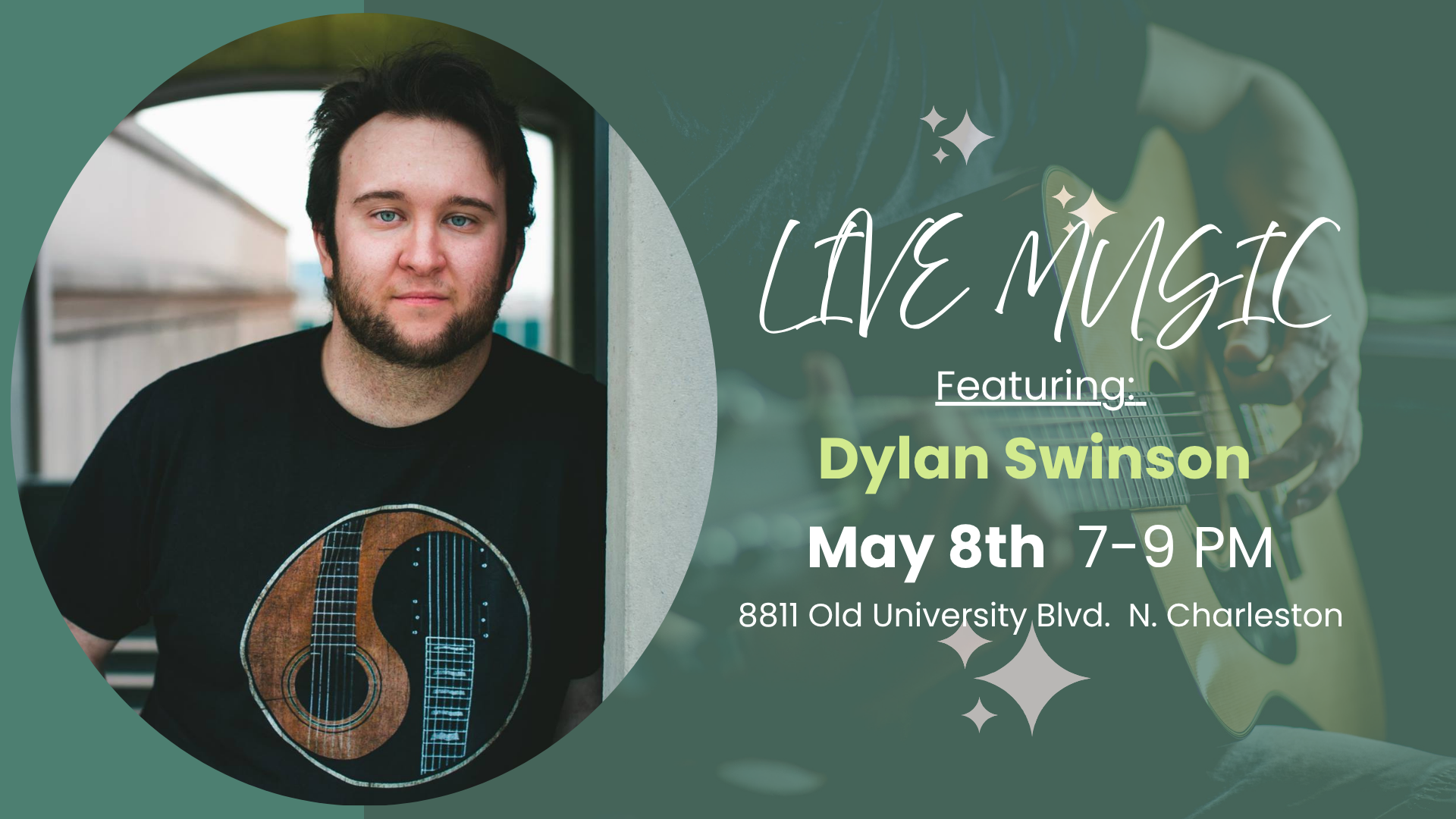 Dylan Swinson performing live music at The Broken Leash dog-friendly bar.