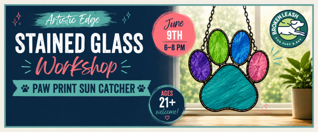 Guests creating stained glass paw print sun catchers during a workshop at The Broken Leash.