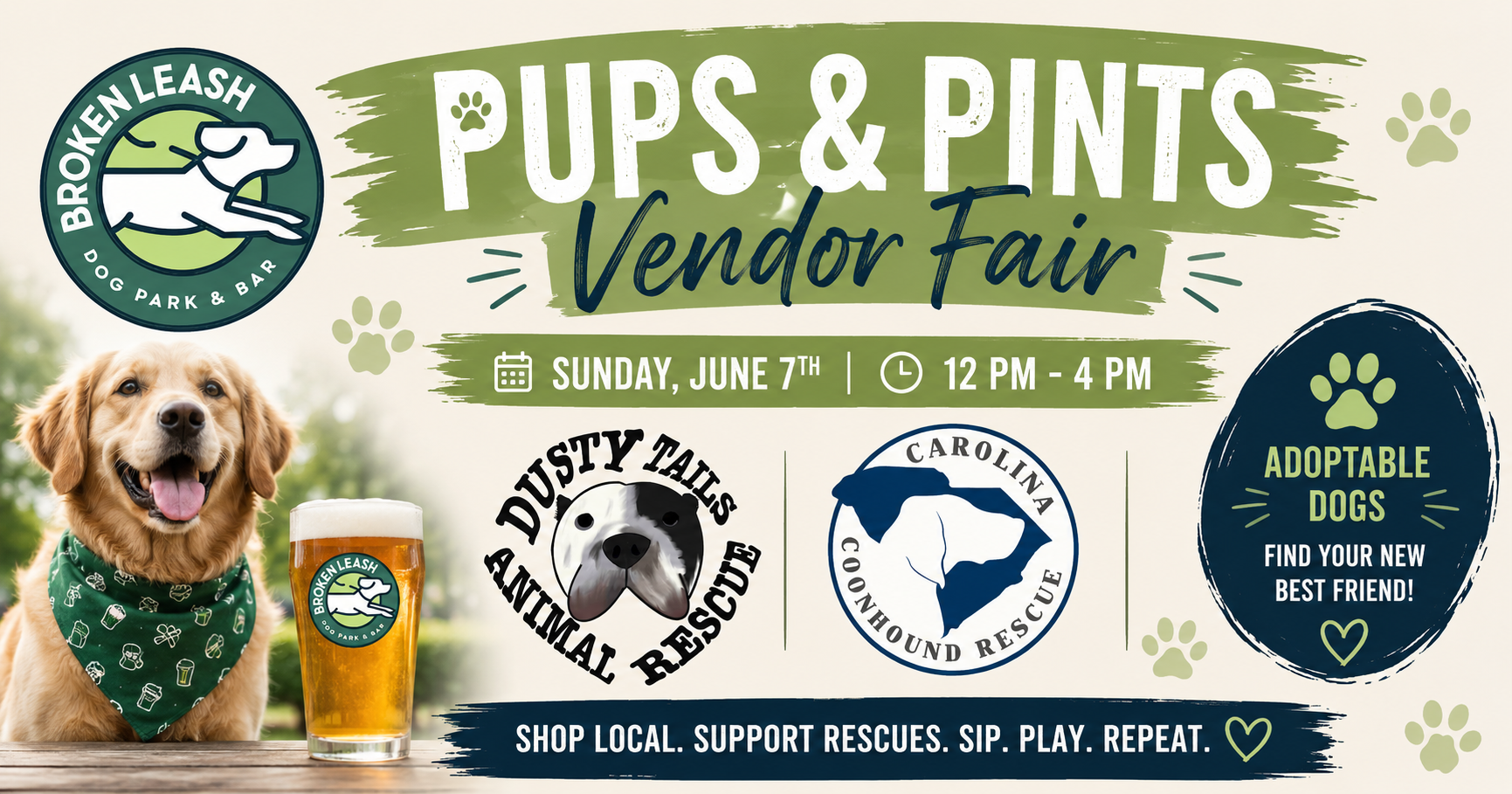 Guests shopping local vendors and meeting adoptable dogs at Pups and Pints Vendor Fair.