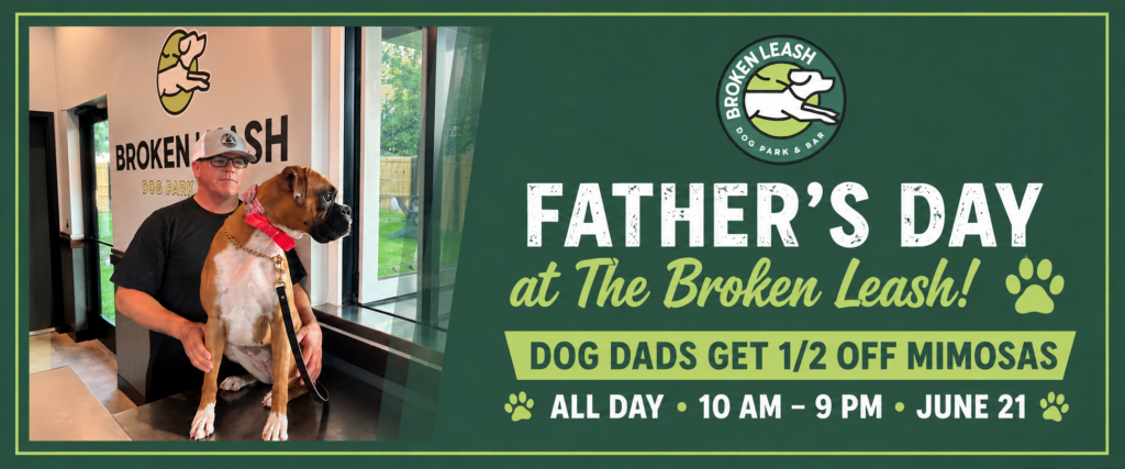 Dog dad enjoying mimosas with his dog at The Broken Leash on Father’s Day.