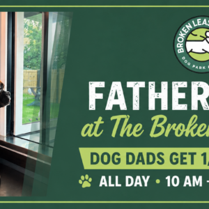 Dog dad enjoying mimosas with his dog at The Broken Leash on Father’s Day.