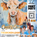 Guests painting a country cow during a paint and sip class at The Broken Leash.