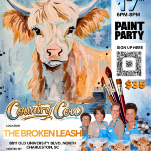 Guests painting a country cow during a paint and sip class at The Broken Leash.
