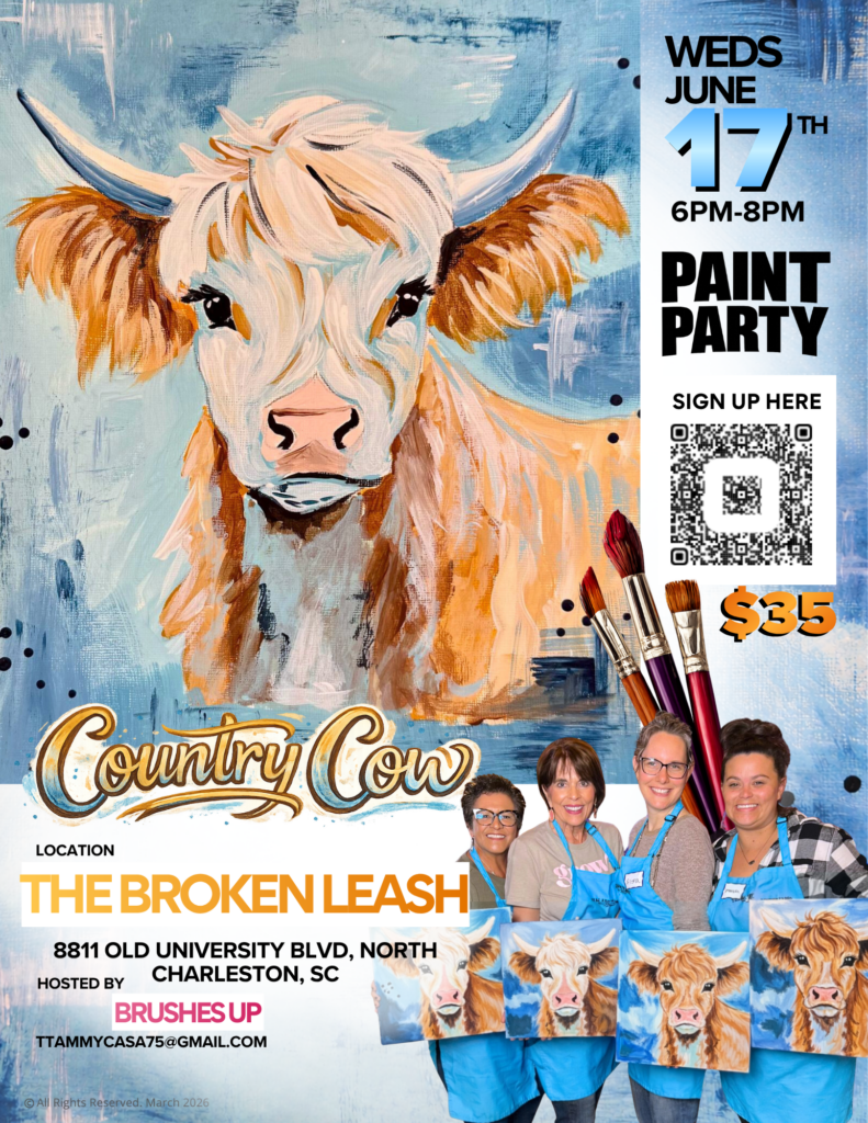 Guests painting a country cow during a paint and sip class at The Broken Leash.
