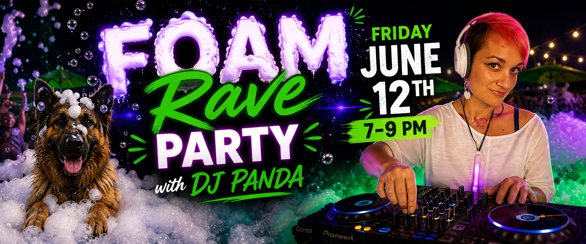 Dogs and guests enjoying a foam rave party with DJ Panda at The Broken Leash.