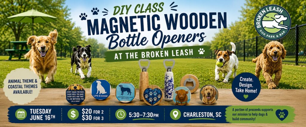 Guests creating dog-themed magnetic wooden bottle openers during a DIY workshop at The Broken Leash.